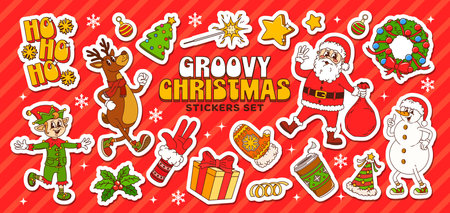 Groovy Christmas stickers pack with cartoon characters and winter holiday decorations, vector icons. Groovy Christmas stickers with Santa and funky elf with reindeer or snowman with New Year giftsのイラスト素材