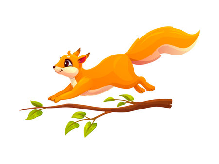 Cartoon squirrel character leaps gracefully across a tree branch. Isolated vector cute and funny forest animal personage with orange fur and fluffy tail captures essence of joy and adventure in natureのイラスト素材