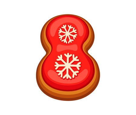 Gingerbread math number eight adorned with snowflakes and red icing, evokes a festive, winter ambiance. Christmas cookie dessert 8 mathematics symbol font, xmas typeface, new year type pastry alphabetのイラスト素材