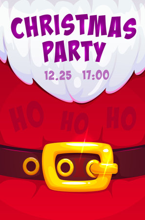 Christmas and Xmas holiday Santa Claus beard flyer for winter holiday party, vector poster. Christmas party invitation or Xmas entertainment entry flyer with Santa beard, golden buckle and HoHoHoのイラスト素材