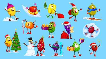 Christmas and New Year winter tropical fruit characters engaging in joyful Xmas celebration and fun outdoor activities. Cartoon vector grape, melon, mandarin, papaya or carambola exudes holiday spiritのイラスト素材
