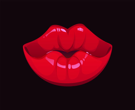 Cartoon red lips, valentines day holiday symbol of kiss, love, romance, passion and affection. Vector glossy women lips showcasing sensuality and glamour, conveys themes of beauty, fashion and makeupのイラスト素材