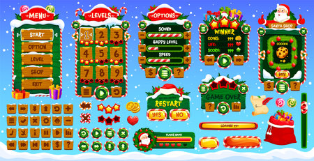 Christmas and New Year game interface of UI game buttons and assets, vector GUI elements. Christmas game menu buttons and interface with Santa, loading bars or controls and gamer UI panel settingsのイラスト素材