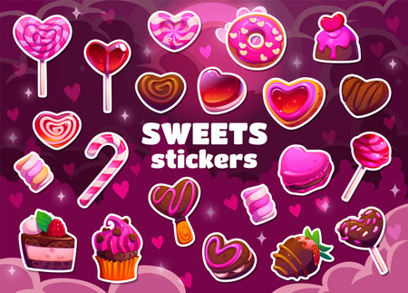 Valentine hearts, pink candy sweets and lollipop stickers pack, cartoon vector. Valentine day or love holiday desserts and cookies, chocolate candy hearts and donut with sprinkles, cake and cupcakeのイラスト素材