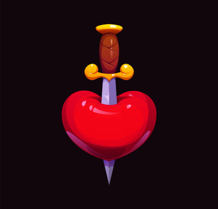 Cartoon glossy red heart pierced by a sword with a golden hilt symbolizing love, passion or conflict, heartbreak and sacrifice relationships. Vector romantic emotional Valentine day heart with daggerのイラスト素材
