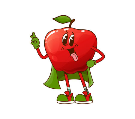 Groovy apple fruit Halloween wizard character. Ripe red apple funny cartoon vector character, isolated farm sweet fruit cheerful sorcerer or cute wizard groovy personage in cape, showing ok gestureのイラスト素材