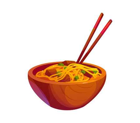 Wooden bowl filled with appetizing noodles accompanied by vegetables and pieces of meat. Chinese lunar new year holiday meal with pair of chopsticks placed in the bowl symbol of Asian culinary cultureのイラスト素材