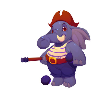 Cartoon funny elephant pirate animal character with cannon ball and gun charging stick. Isolated vector tropical creature gunner personage wearing sailor costume ready for adventure and nautical fightのイラスト素材