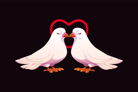 Cartoon two white doves with heart outline shape, symbolizing love, romance, peace, and unity for Valentines Day or wedding celebrations. Vector pair of pigeon birds facing each other with their beaksのイラスト素材