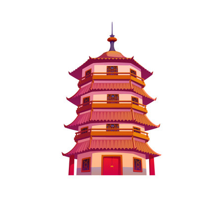 Traditional Chinese multi tiered pagoda tower with ornate roofs. Asian architecture symbolizing Lunar new year holiday, spirituality and cultural heritage. Cartoon vector Chinatown travel landmarkのイラスト素材