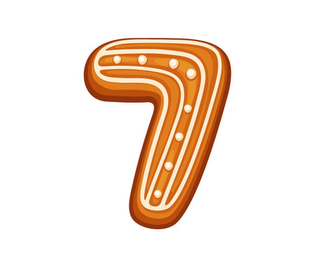 Christmas gingerbread math number seven decorated with white icing. Cartoon vector mathematics numeral symbol 7, xmas font or typeface, new year type, pastry festive holiday typography for kidsのイラスト素材