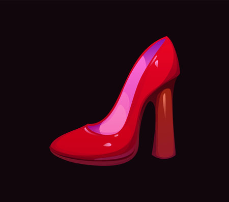 Cartoon red high heel shoe, valentines day holiday symbol evokes elegance and romance for celebration. Vector vibrant red female footwear with glossy surface symbolizing fashion, femininity or passionのイラスト素材