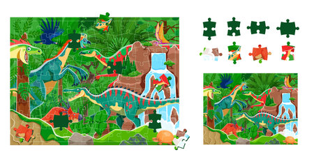 Prehistoric dinosaurs jigsaw puzzle game pieces. Cartoon vector educational worksheet engage preschool children to find matching shapes with dino animal species in tropical jungle forest landscapeのイラスト素材