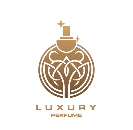 Luxury perfume icon of golden bottle for premium fragrance brand, vector emblem. Perfume bottle of golden line ornament with gold stars for luxury perfume brand sign or perfumery boutique store symbolのイラスト素材