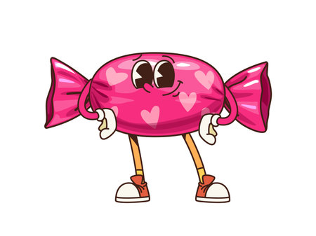 Retro groovy candy sweet character with heart patterned wrapper stand with hands on its hips, exudes love, joy and Valentines holiday nostalgia. Cartoon vector romantic treat personage with funky vibeのイラスト素材