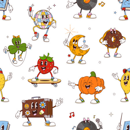 Retro cartoon groovy characters in seamless pattern, vector comic background. Groovy funky disco ball with strawberry hipster on skateboard and 70s vinyl disc with lemon and book with funny faceのイラスト素材