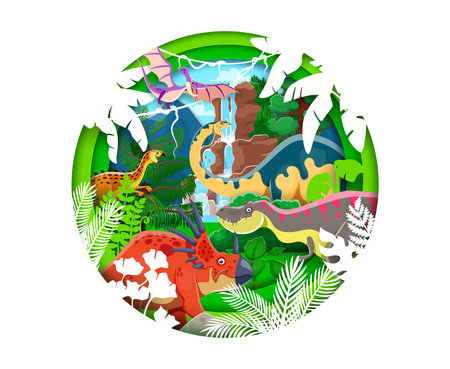 Paper cut prehistoric dinosaurs landscape with waterfall and palm trees in vector 3d layered round frame. Cartoon tarbosaurus, styracosaurus, pteranodon and scutellosaurus dinosaurs paper cut bannerのイラスト素材