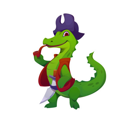 Cartoon funny crocodile pirate animal character, croc corsair smoking the pipe. Isolated vector daring reptile rover personage with a saber, sailing the high seas in search of treasure and adventureのイラスト素材