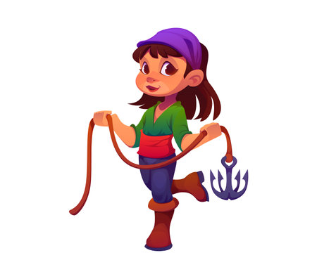 Cartoon girl pirate holding grappling hook. Vector kid corsair character in carnival party costume. Happy smiling child buccaneer personage wears bandana. Isolated baby in filibuster masquerade dressのイラスト素材