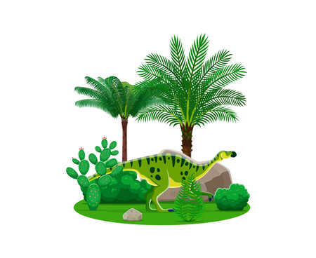 Maiasaura prehistoric dinosaur cartoon character. Vector herbivore theropod dino, ancient Late Cretaceous period reptile in a lush, vibrant tropical landscape with palm trees, green bush, and cactiのイラスト素材