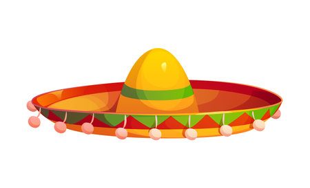 Mexican traditional sombrero hat. Isolated cartoon vector Mariachi musician hat adorned with vibrant colors and intricate patterns, symbolizes Latin culture, cinco de mayo holiday and festive spiritのイラスト素材