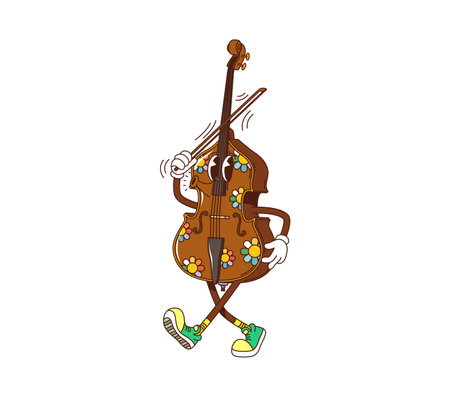 Cartoon contrabass, double bass groovy musical instrument character with smiling face and bow in hand playing classic music. Isolated vector musician equipment personage ready for orchestra concertのイラスト素材