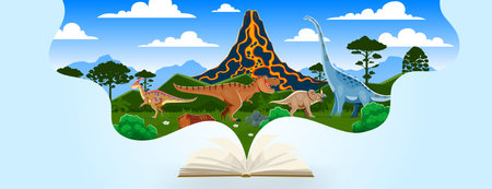 Kids book with prehistoric dinosaurs landscape, cartoon dino animals and volcano. Vector jurassic tyrannosaurus, centrosaurus, titanosauria and parasaurolophus dinosaurs characters coming out of bookのイラスト素材