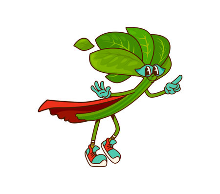 Cartoon groovy spinach vegetable retro superhero character. Isolated vector greenery brave warrior or defender super hero hippie personage in cape and mask. Funky y2k fairytale healthy vitamin foodのイラスト素材