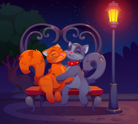 Valentine day cats couple. Cartoon vector romantic feline animals cuddling on a park bench under a glowing streetlamp at night. Orange and gray cats display love, affection, companionship, and romanceのイラスト素材