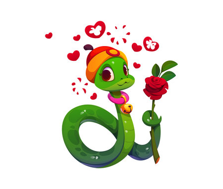 Valentine day cartoon snake character with love hearts. Vector cute green reptile serpent snake wearing a festive Chinese hat and bell necklace, holding a red rose, exudes love, romantic charm and joyのイラスト素材