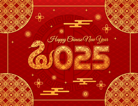 Paper cut 2025 golden snake on Chinese lunar new year banner. Elegant Cny greeting card featuring a gold reptile snake forming the number 2 in 2025, surrounded by traditional motifs on red backgroundのイラスト素材