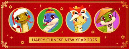 Chinese lunar new snake year banner. Vector Asian Cny 2025 holiday collage with reptile characters in festive attire including conical, Santa and lion dance hats, within round frames on red backgroundのイラスト素材