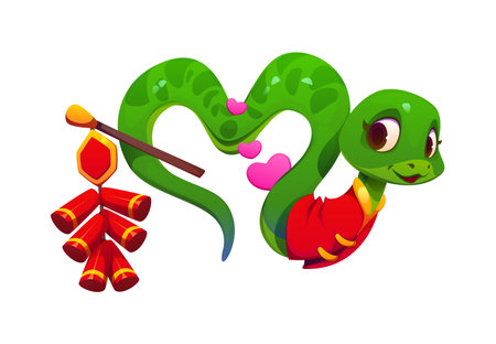 Chinese lunar new year and valentine day cartoon cute snake character with green scales and wearing red festive garment curls into a heart shape, with pink floating hearts and holding red firecrackersのイラスト素材