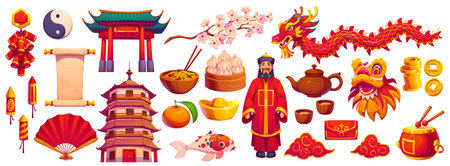 Chinese lunar New Year holiday characters of cartoon dragon, traditional food and red envelopes. Vector asian spring festival gold ingot, fan, fish and firecrackers. Chinese New Year lion mask, templeのイラスト素材