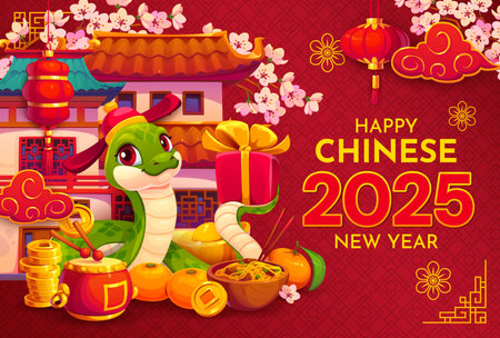 Happy Chinese New Year banner with cherry blossom and funny snake, vector greeting card. 2025 Chinese New Year holiday snake with gifts, red lanterns, gold coins and tangerines at Asian temple pagodaのイラスト素材