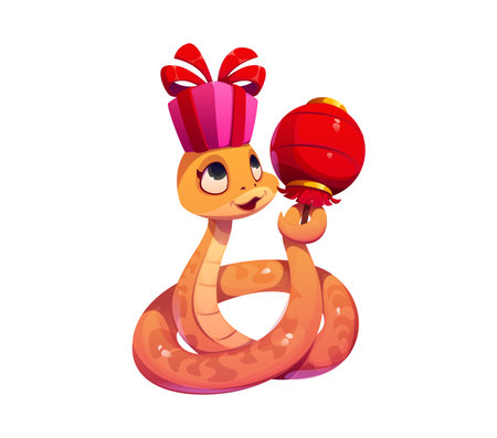 Valentine day cartoon snake character holding a festive red lantern and gift box on its head. Vector charming orange reptile, serpent animal symbolizing celebration and festivity, for Chinese New Yearのイラスト素材