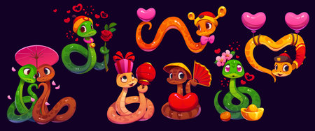 Valentine day cartoon snake characters with hearts celebrating love and festivity with pink balloons, rose flowers, gifts, Asian fans, and romantic expressions, highlighting affection, and celebrationのイラスト素材