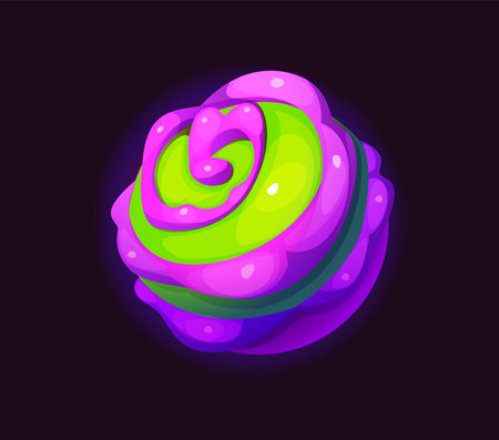 Cartoon galaxy fantasy alien green space planet with purple clouds. Science fiction galaxy satellite icon. Fantasy cosmos planet isolated vector symbol or fantastic universe world stickerのイラスト素材