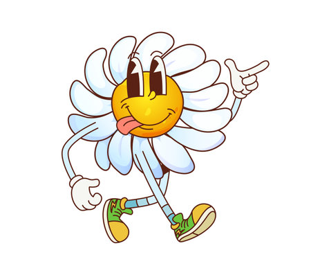Groovy daisy chamomile flower, retro cartoon character with funny face, vector emoji. Groovy daisy chamomile flower character with silly face and tongue out freaky emotion walking in hipster shoesのイラスト素材
