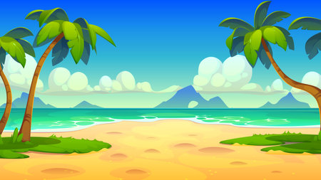 Cartoon tropical beach landscape at summer day vector background. Tropical sea island sand beach with green palm trees, sunny sky, ocean shore and blue water waves nature landscape game backgroundのイラスト素材