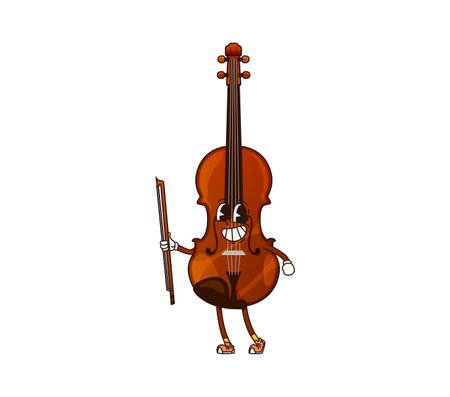 Cartoon contrabass, double bass groovy musical instrument character with smiling face and bow in hand playing classic music. Isolated vector musician equipment personage ready for orchestra concertのイラスト素材