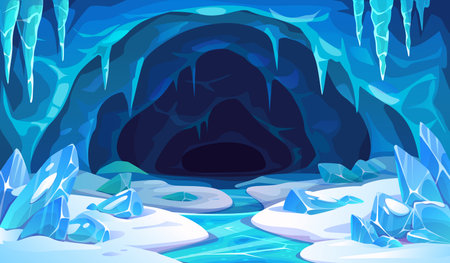 Ice cave landscape with snow vector background. Cartoon mountain winter frozen cave, arctic glacier or iceberg cavern, ice crystals, stalactites and icicles. Winter nature landscape game backgroundのイラスト素材