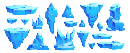 Cartoon ice crystals and frozen arctic iceberg, stalagmite blocks and icicles, vector game UI. Isolated pieces of blue ice, glacier, frozen water crystal and floe, icicles and snow mountain rocksのイラスト素材