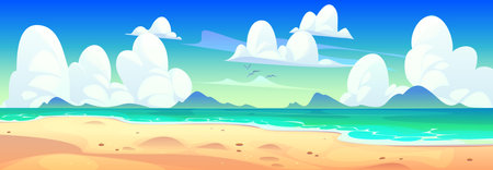 Cartoon beach seaside landscape of tropical island vector background. Summer beach nature landscape with cartoon sea water waves and sand shore under sunny blue sky with white clouds and seagullsのイラスト素材
