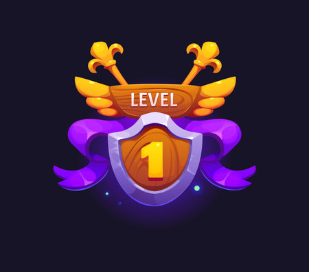 Game level up badge icon, victory rank shield. Arcade victory screen level up isolated vector icon. Gambling jackpot or game rating popup UI sign with golden wings, purple ribbon and wooden shieldのイラスト素材