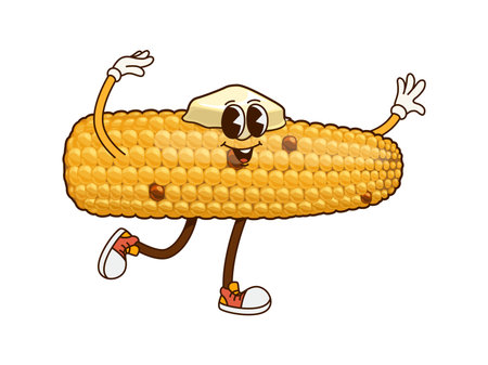 Cartoon groovy corn cereal Thanksgiving character. Vegetarian food whole vegetable cute groovy mascot, farming harvest or Thanksgiving corn veggie isolated vector funny personageのイラスト素材