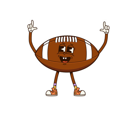 Groovy rugby ball sport character in a dynamic pointing up pose. Isolated cartoon vector retro sports equipment personage with cheerful expression, wearing sneakers, exudes energetic and playful vibeのイラスト素材