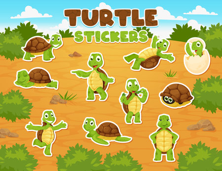 Cartoon turtle personages stickers pack, tortoise animal characters. Reptile cute childish vector character or happy smiling, slipping, dancing turtle, tortoise baby in egg shell mascot stickers setのイラスト素材