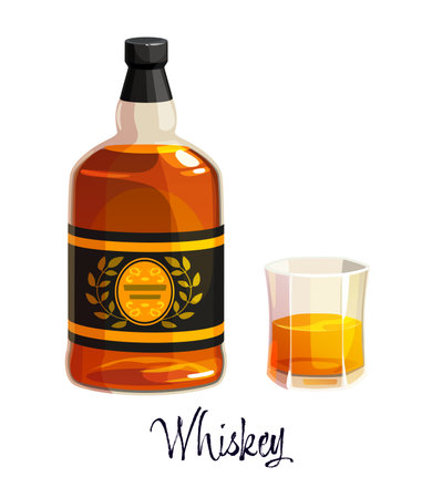 Whiskey alcohol bottle and glass, featuring rich amber tones and a stylish label, evokes warmth, tradition, and a sense of quality. Isolated vector alcohol drink flask representing luxury fine spiritsのイラスト素材