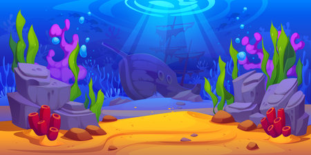Cartoon underwater landscape game background with sunken pirate ship on tropical coral reef bottom. Vector shipwreck underwater landscape of fish shoals, corals, seaweeds and rocks in blue waterのイラスト素材